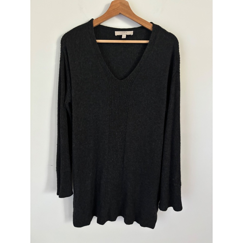 Ann Taylor LOFT Womens Black Ribbed V-Neck Tunic Sweater Italian Yarn Wool M